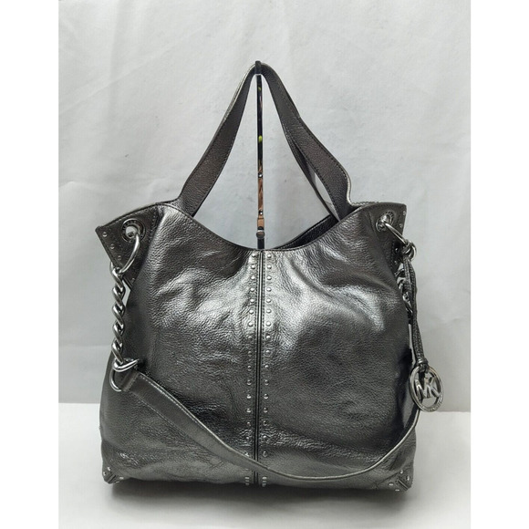 Michael Kors Metallic Gray Leather Studded Chain Strap Satchel Shoulder Bag - Picture 1 of 16